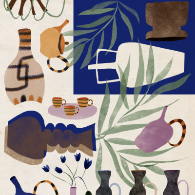 Ilustração colorida de jarros, vasos e canecas com padrões em fundo branco e azul