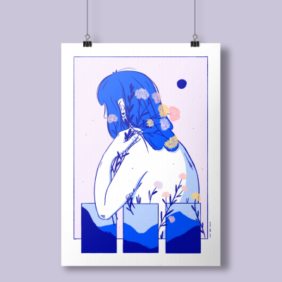 Poster ilustrado de mulher azul com flores e elementos geométricos