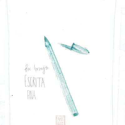 Desenho de caneta esferográfica verde e texto manuscrito num papel branco