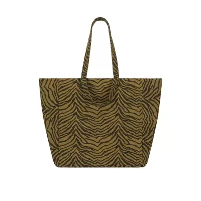 Saco tote em tecido castanho com padrão animal print preto