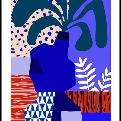 Ilustração abstrata colorida com plantas em vasos e padrões geométricos