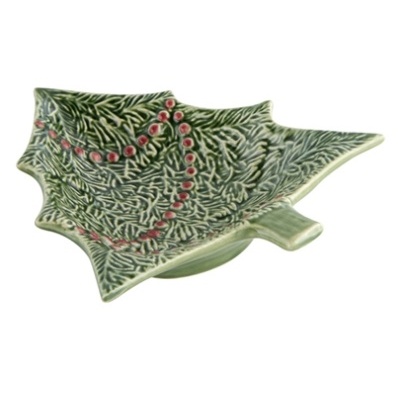 Prato decorativo em cerâmica verde em forma de folha com relevo e detalhes vermelhos