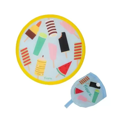 prato redondo e porta-talheres em tecido com estampado colorido de gelados e fruta