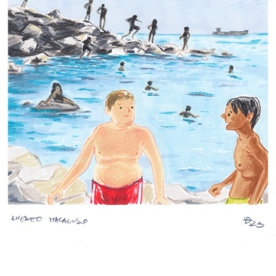 Ilustração de crianças a nadar no mar e brincando em rochas na praia