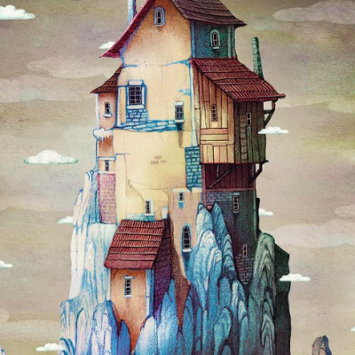 Ilustração de casa alta em formação rochosa com telhados vermelhos e chaminés