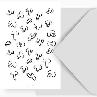 Folha branca com desenhos abstratos em linhas negras e envelope cinzento