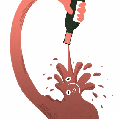 Ilustração de figura humanoide castanha a beber de garrafa verde com líquido