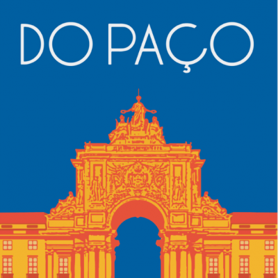 Cartaz azul com Arco da Rua Augusta em laranja e amarelo e texto TERREIRO DO PAÇO