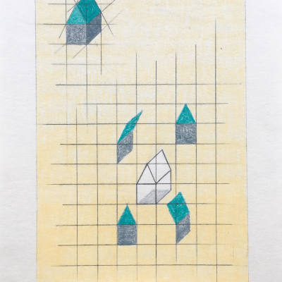 Desenho geométrico de casas estilizadas em papel com fundo amarelo e grade preta.