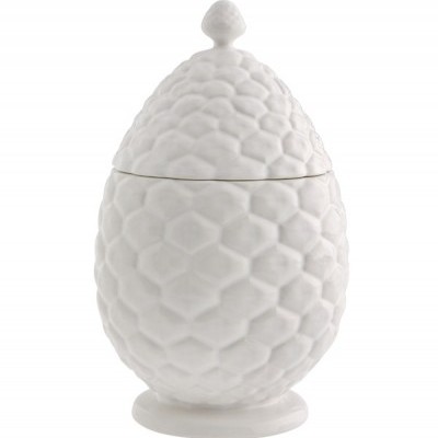 Pote de cerâmica branco texturizado em forma de ovo com tampa