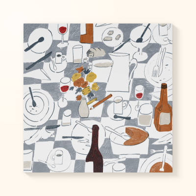 Ilustração de mesa com vinho, jarra, flores e alimentos sobre toalha xadrez cinza e branca