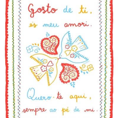 Arte colorida com bordas vermelhas, pássaros e corações, texto em português sobre amor