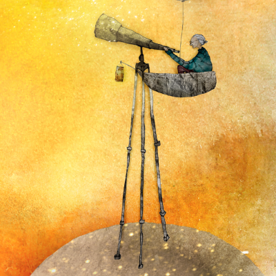 Ilustração de homem velho sentado em objeto voador com telescópio e balão em fundo amarelo e laranja