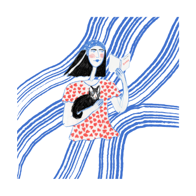 Ilustração de mulher com gato e bilhete com a palavra SUMMER