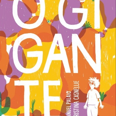 Capa de livro colorida com título 'O Gigante' e ilustração de figura humana.