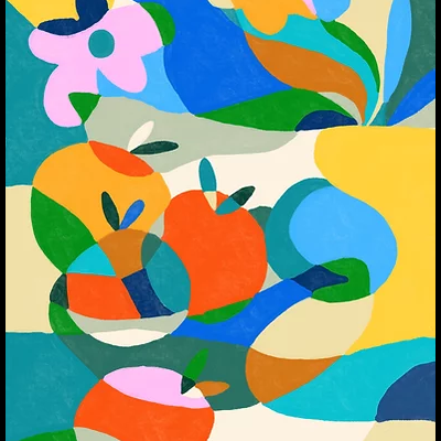 Pintura abstrata com frutas e flores coloridas em formas geométricas