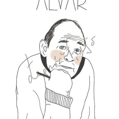 Desenho digital de homem com olhos azuis e camisola de gola alta com texto ALVAR