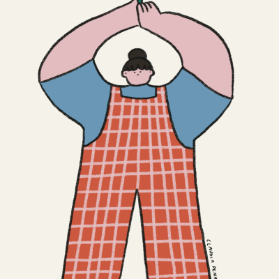 Ilustração de personagem com jardineira vermelha e flor na mão