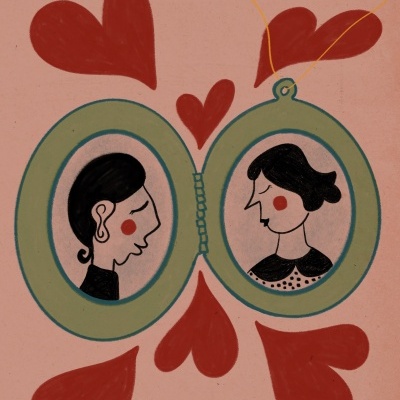 Ilustração de medalhão duplo com perfis e corações vermelhos.