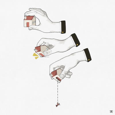 Mãos segurando casa de brinquedo desmontável com figura pendurada na linha