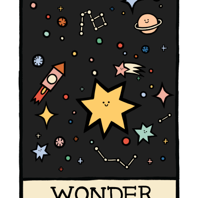 Cartaz com desenhos de estrelas, planeta, foguetão e constelações em fundo preto com texto WONDER