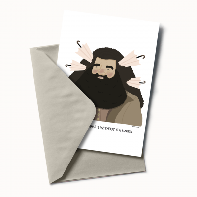 Cartão ilustrado com homem de barba e cabelo preto cercado por bengalas, dentro de envelope cinza