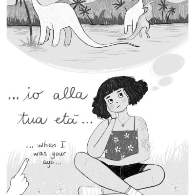 Ilustração a preto e branco de rapariga pensativa e dinossauros num cenário pré-histórico.