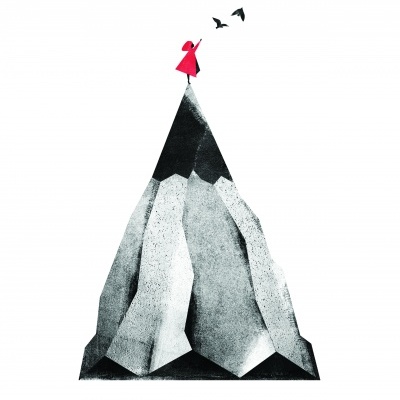 Desenho de montanha cinza com pessoa de vermelho no topo e pássaros voando.