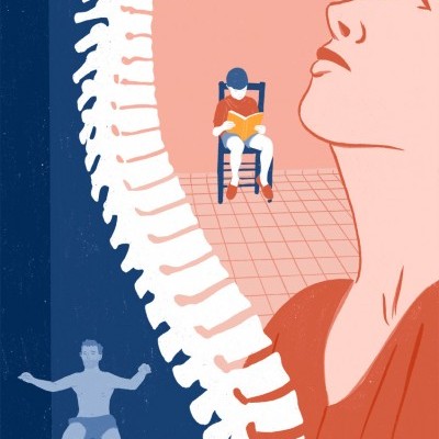 Ilustração com coluna vertebral e figuras humanas coloridas no fundo