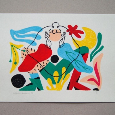 Cartaz com ilustração abstrata colorida sobre papel branco