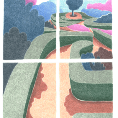 Ilustração de paisagem vista através de uma janela branca com quatro painéis.