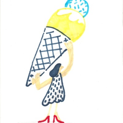 Desenho de pessoa com vestido e sapatos vermelhos segurando gelado grande em cone com bolas azul e amarela