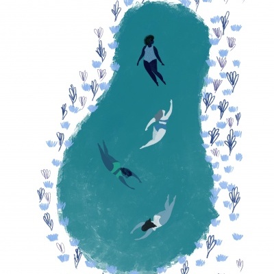 Ilustração de piscina orgânica com quatro nadadores e padrões florais azuis