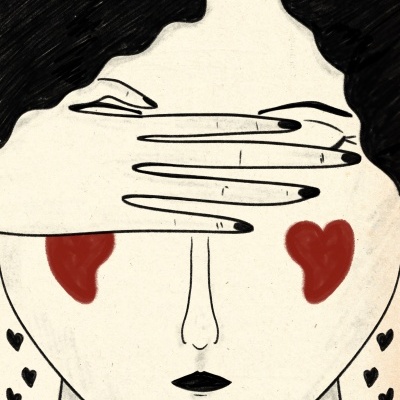 Desenho de rosto feminino com mãos a tapar os olhos e corações vermelhos nas bochechas