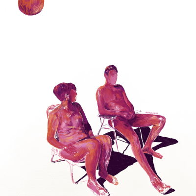 Duas figuras masculinas nuas sentadas em cadeiras, com uma esfera laranja sobre fundo branco