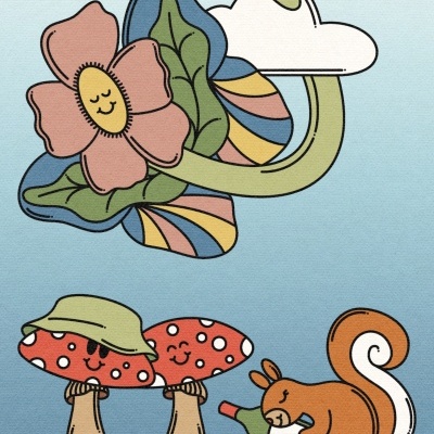 Desenho colorido com flores, cogumelos e esquilo