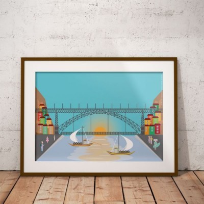 Quadro com ilustração de barcos num rio ao pôr do sol com ponte e casas coloridas ao fundo