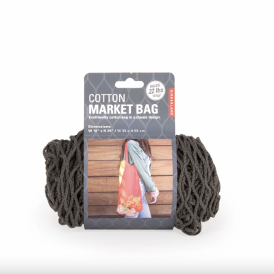 Saco de rede de algodão cinza escuro com embalagem informativa