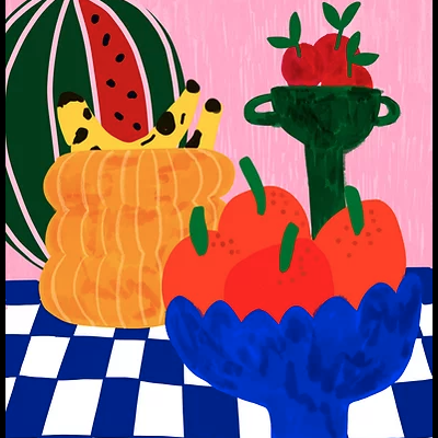 Ilustração de frutas em vasos sobre fundo rosa e padrão azul e branco
