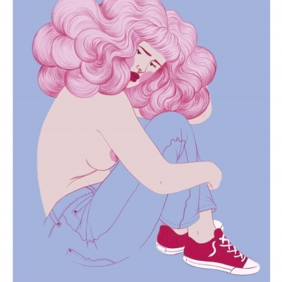 Ilustração de mulher com cabelo rosa volumoso e calças de ganga azuis sentada