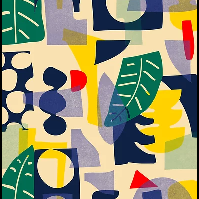 Padrão abstrato colorido com formas geométricas e folhas