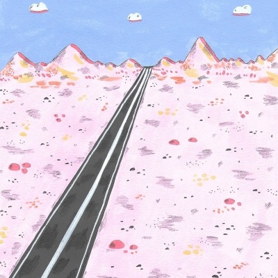 Ilustração de estrada e montanhas sob céu azul com nuvens brancas