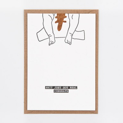 Cartão de papel branco com ilustração simples e texto em preto