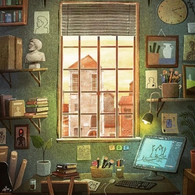 Escritório ilustrado com janela, mesa com computador e prateleiras com livros e objetos artísticos