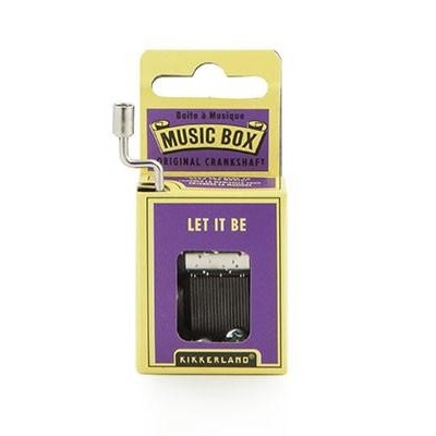 Caixa de música com manivela em embalagem amarela e roxa com texto let it be