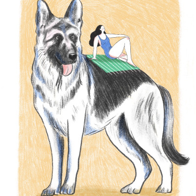 Ilustração de cão grande com mulher sentada, fundo bege.