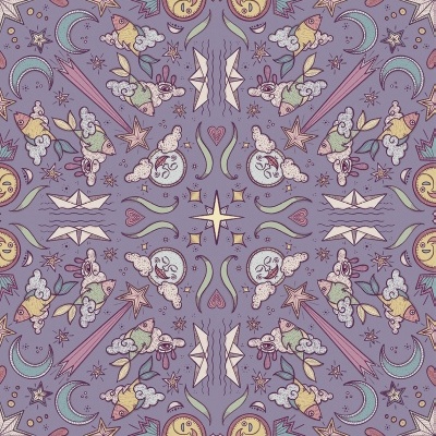 Padrão repetido colorido com luas, estrelas e figuras humanas em fundo lilás