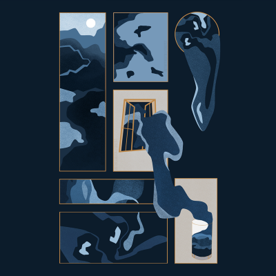 Composição abstrata com formas azuis e cinzentas em molduras distintas