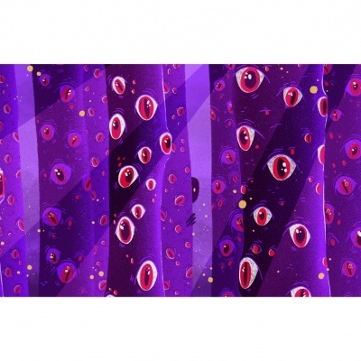 tecido ou papel decorativo com padrão de gotas vermelhas sobre fundo roxo