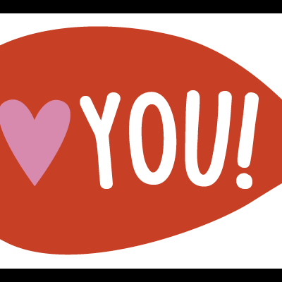 Adesivo em balão de fala vermelho com texto I, coração rosa e YOU! em branco